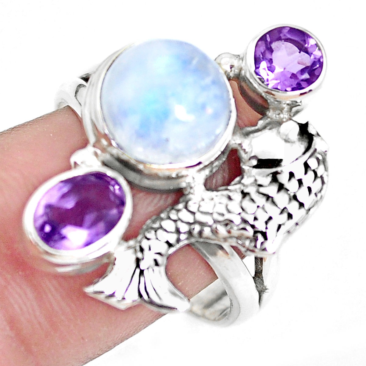 Natural Rainbow Moonstone and Amethyst silver ring